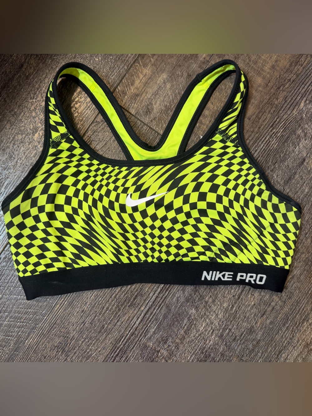 Nike Pro Classic Dri-FIT Sports Bra M Volt Black Checkerboard Racerback